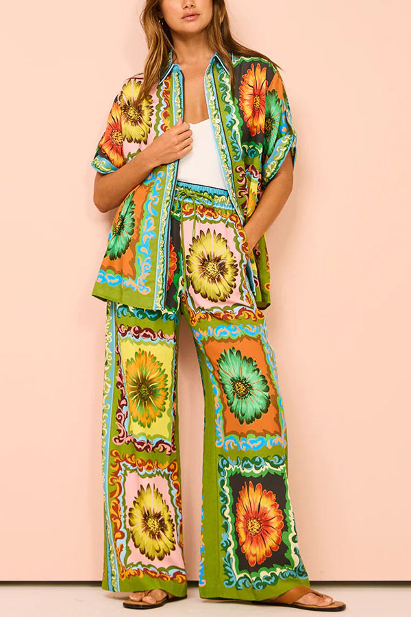 Disco Daisy Unique Print Colorblock Elastic Waist Pocketed Wide Leg Pants