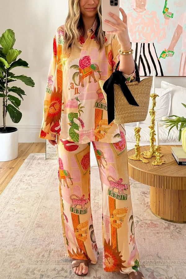 Unique Printed Casual Long Sleeved Shirt Top and Elastic Waist Loose Pants Sets