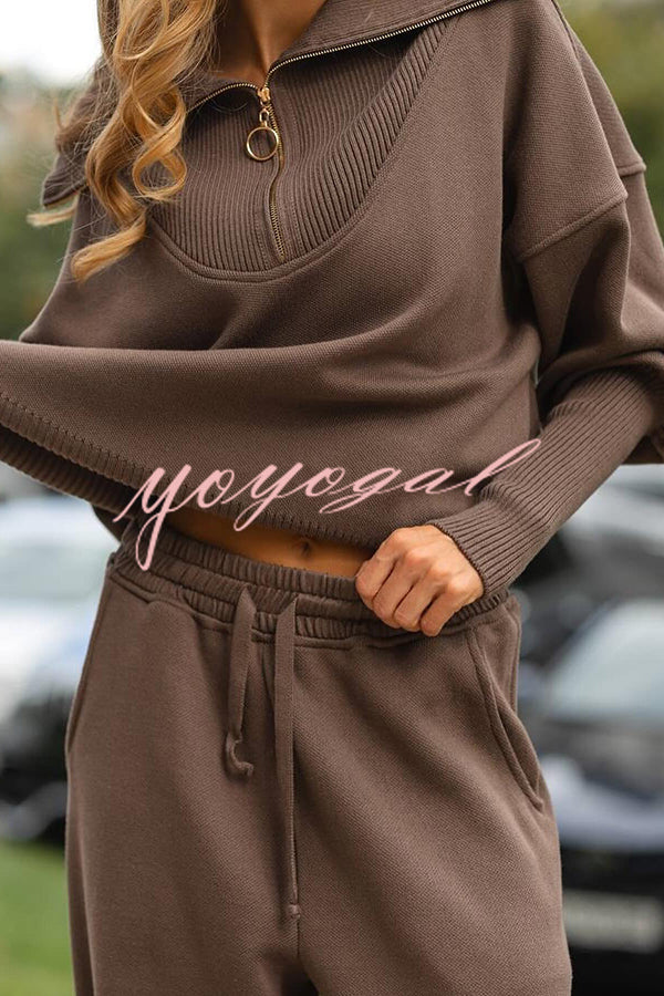 Solid Color Long-sleeved Zip-up Sweatshirt and Elastic Waist Loose Pocket Pants Set