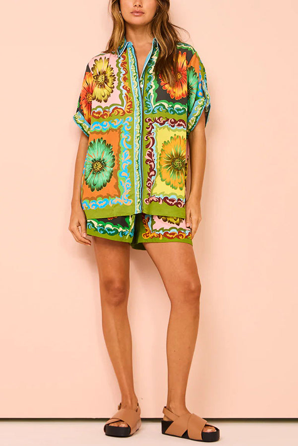 Disco Daisy Unique Print Colorblock Button Down Oversized Blouse