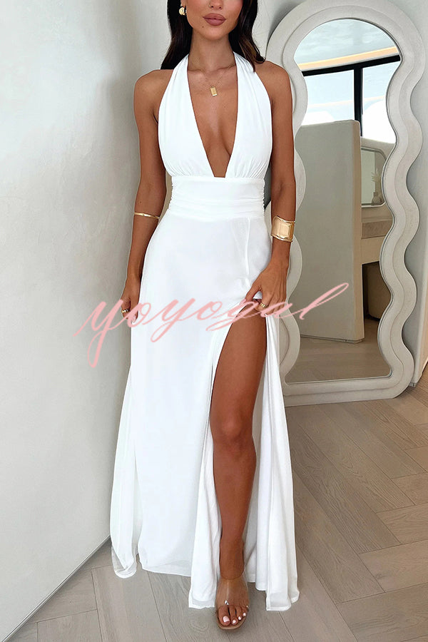 Sexy V-neck Backless Waist Tie High Slit Maxi Dress