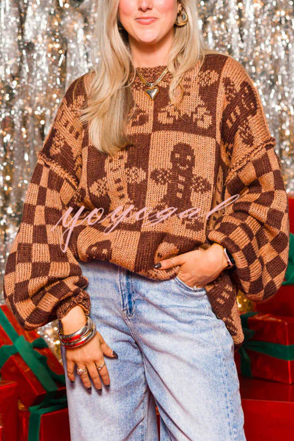 Christmas Gingerbread Man Round Neck Long Sleeve Loose Knit Sweater