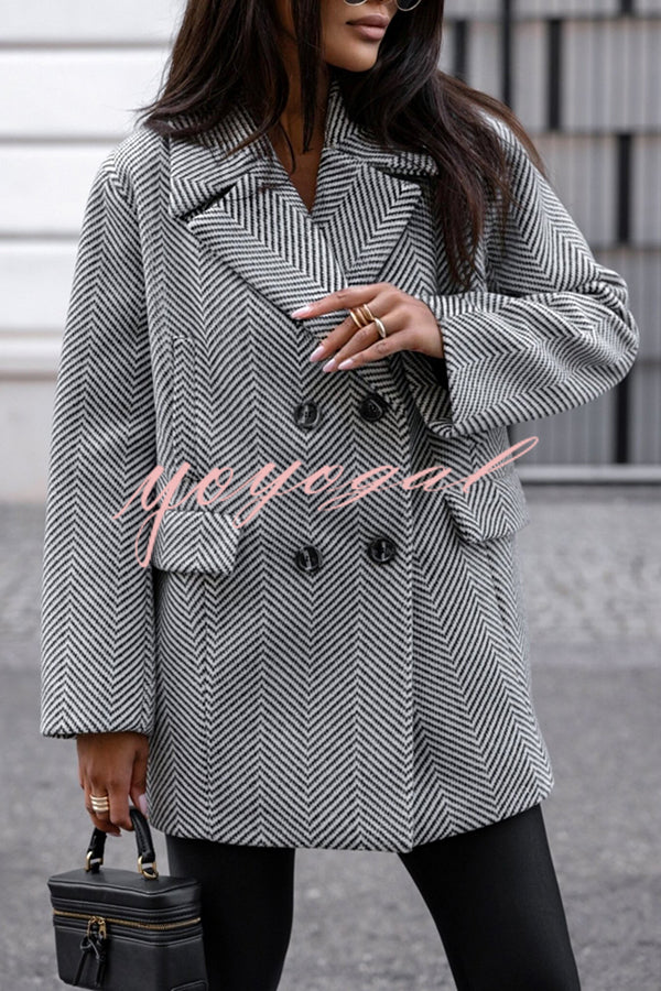 Fashion Stripe Print Lapel Pocket Coat