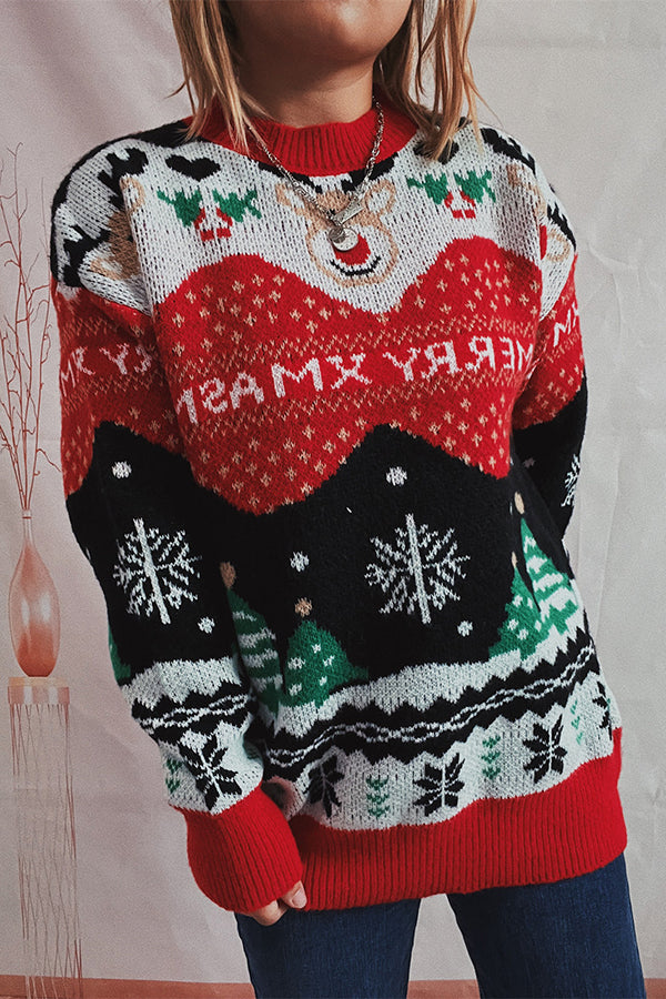 Christmas Pattern Knitted Crew Neck Long Sleeved Sweater