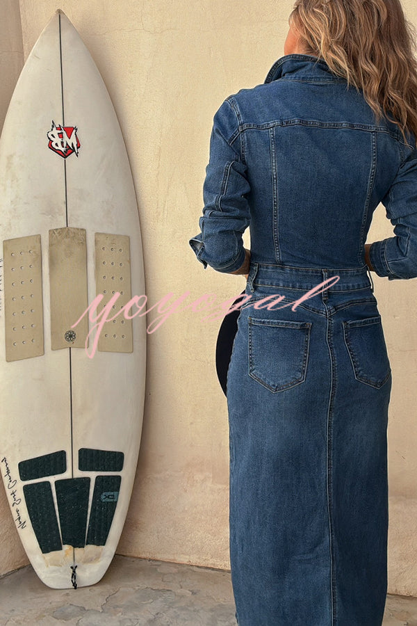 Tessy Denim Metal Button Zipper Shirt Stretch Pencil Slit Midi Dress