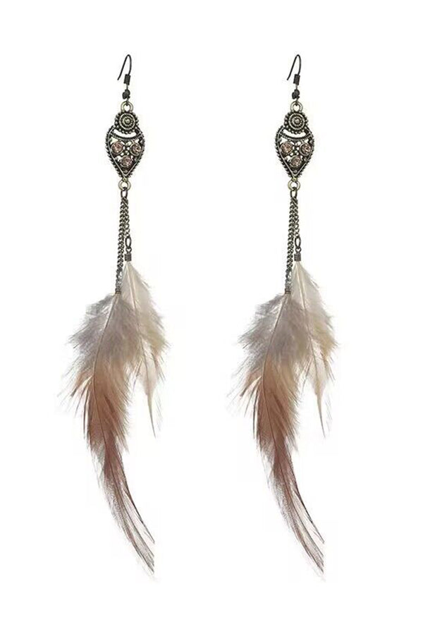 Vintage chain tassel bohemian feather earrings