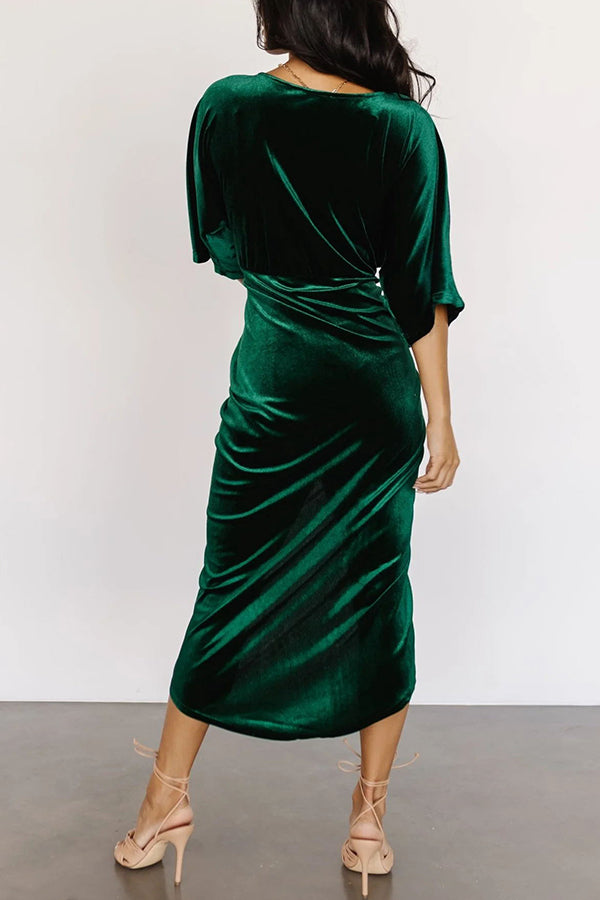 Brendy V Neck Half Sleeve Velvet Pleated Midi Dress