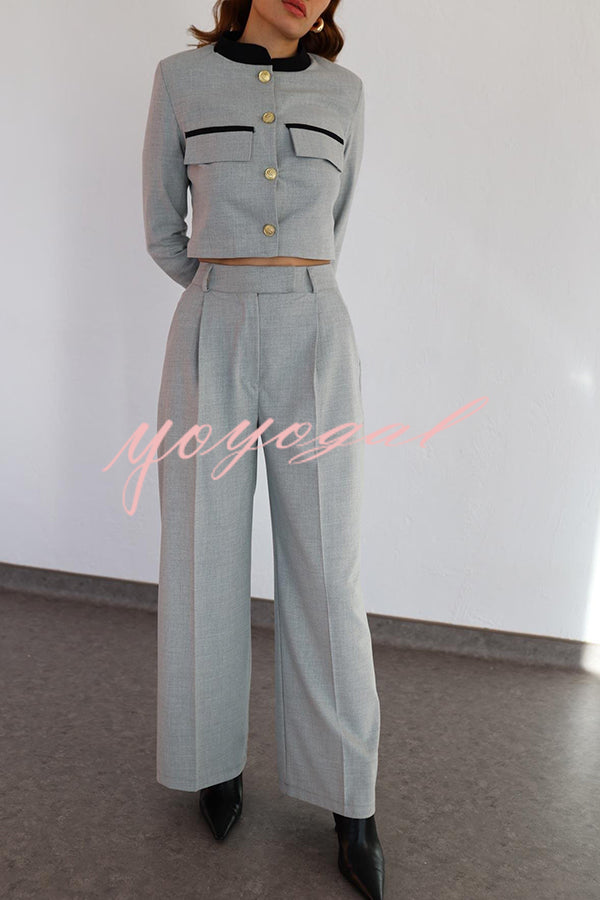 Stylish Contrasting Cropped Long Sleeve Top and Pocket Straight Leg Pants Set