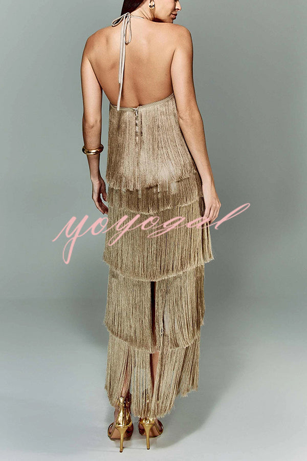 Sexy Halterneck Backless Elegant Fringe Maxi Dress