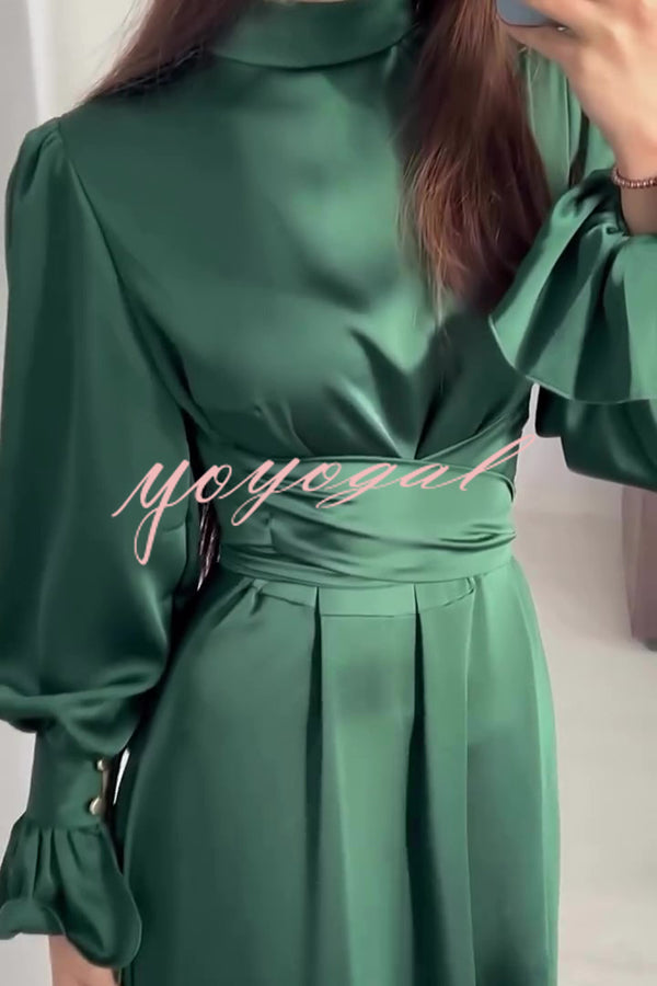 Solid Color Ruffled Sleeves Waisted Tie Slim Fit Maxi Dress