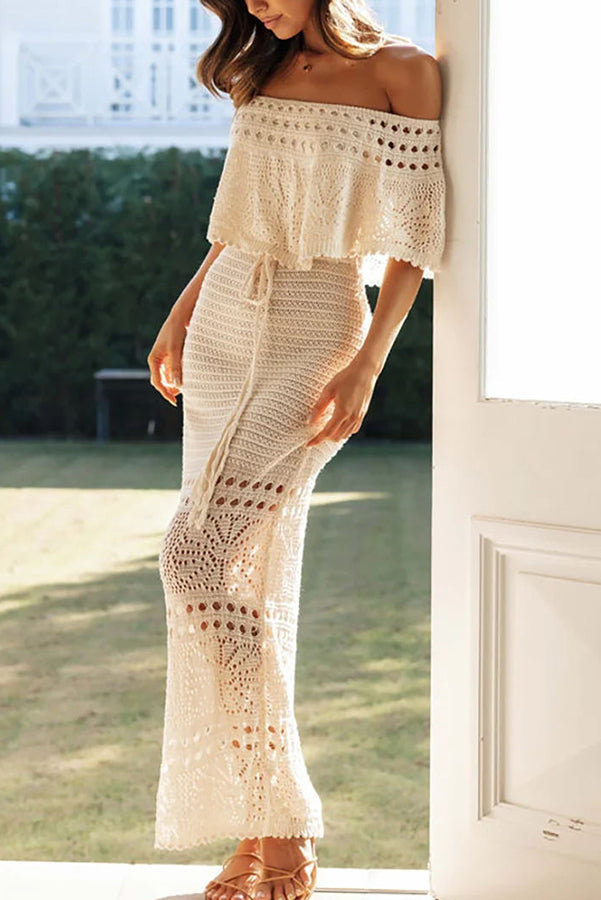 Jolene Knit Crochet Texture Off Shoulder Drawstring Waist Maxi Dresses