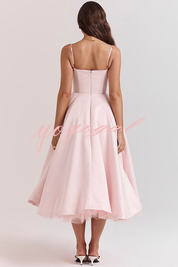 Fairytale Vibe Satin Patchwork Tulle Sweetheart Neck Pocket Stretch Midi Dress