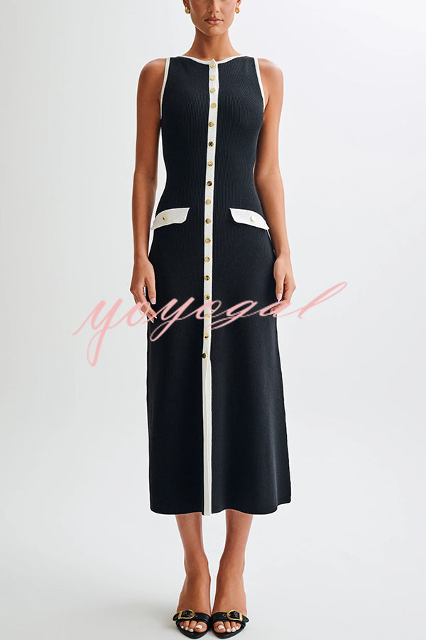 Elegant Slim Fit Crew Neck Buttoned Sleeveless Knit Midi Dress