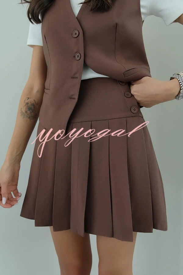 Solid Color Sleeveless Buttoned Vest and High-waisted Pleated Mini Skirt Set