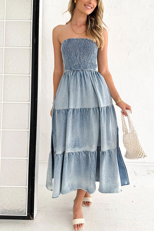 Asmn Off Shoulder Pleated Paneled Denim Maxi Dress