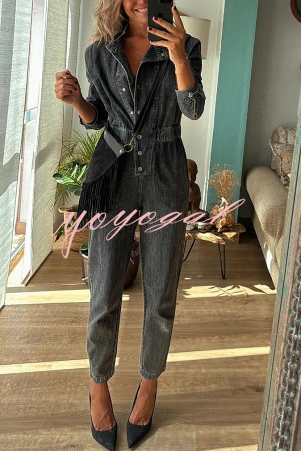 Carey Denim Button Up Long Sleeve Elastic Waist Pocketed Loose Jumpsuit