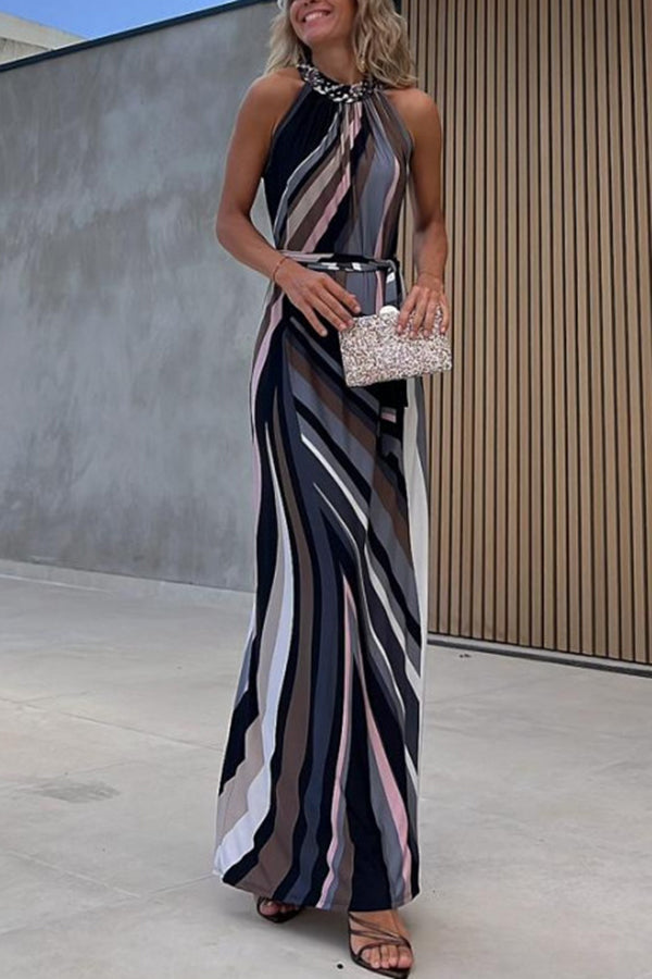 Flowing Elegance Colored Lines Printed Belt Halter Maxi Dress