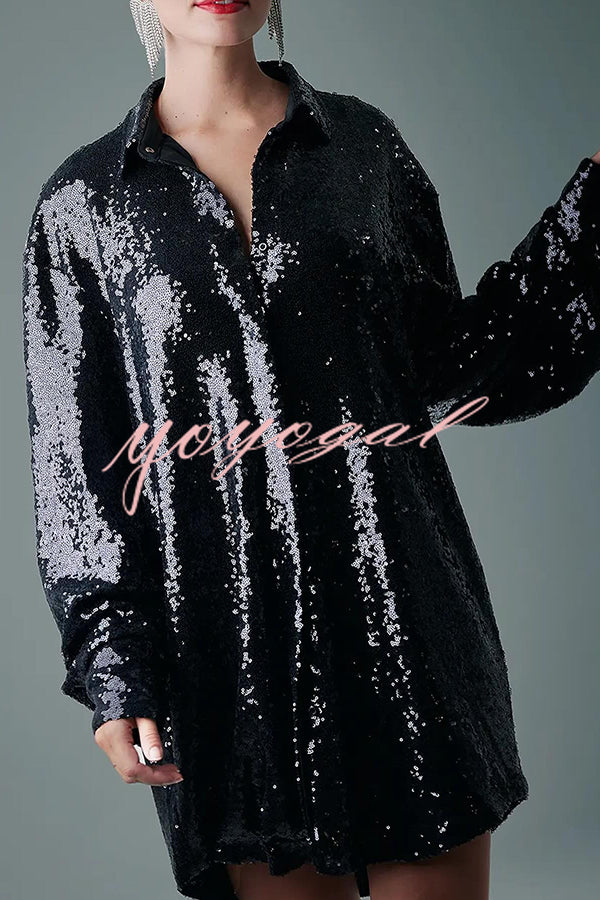 Solid Color Sequined Long-sleeved Casual Mid-length Loose Shirt