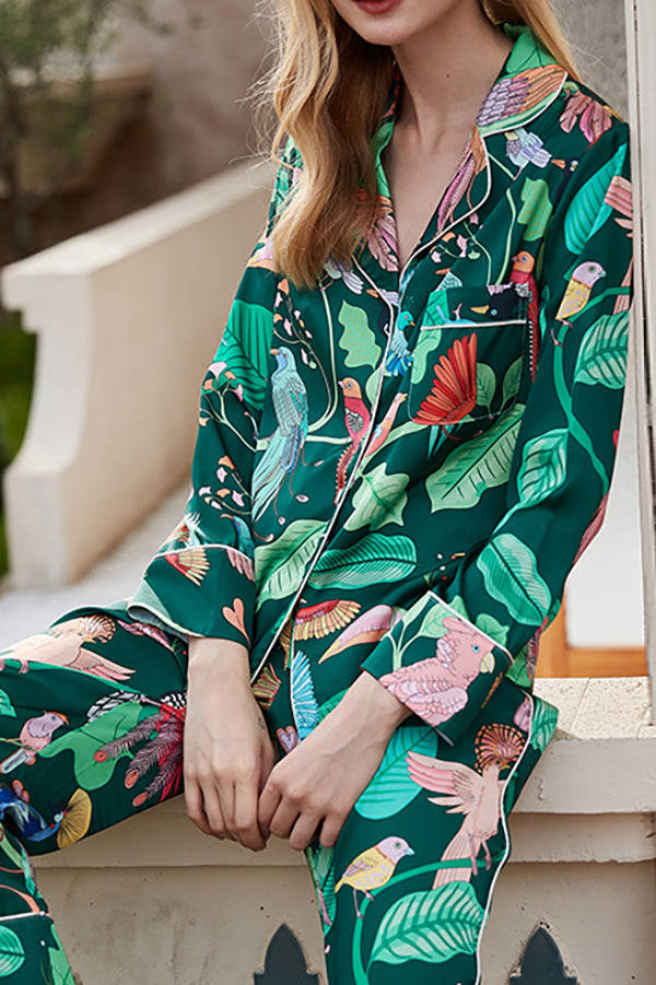 Green Parrot Print Home Long Sleeved Two-piece Set