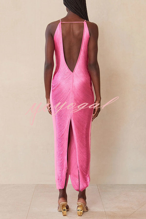 Sexy Allnight Metallic Halterneck Backless Fringed Slit Maxi Dress