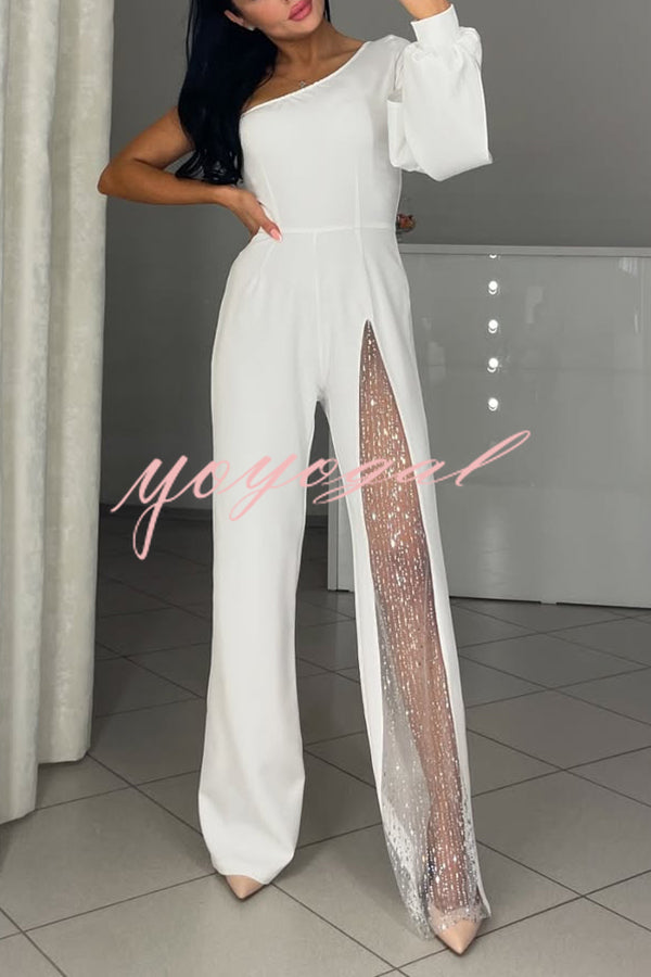 Fashionable Oblique Shoulder One-sleeve Sexy High Slit Slim Jumpsuit