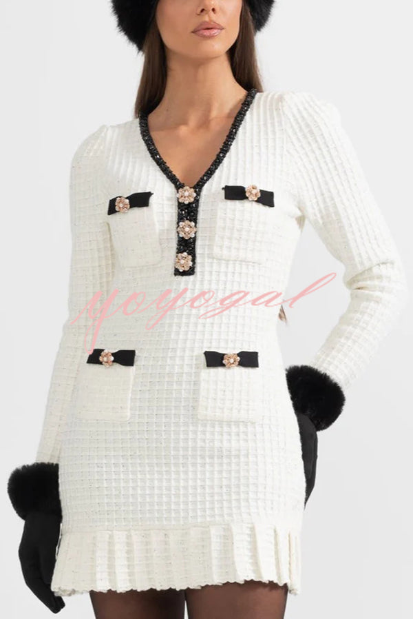 Stylish Waffle Contrast V-neck Ruffled Knitted Mini Dress