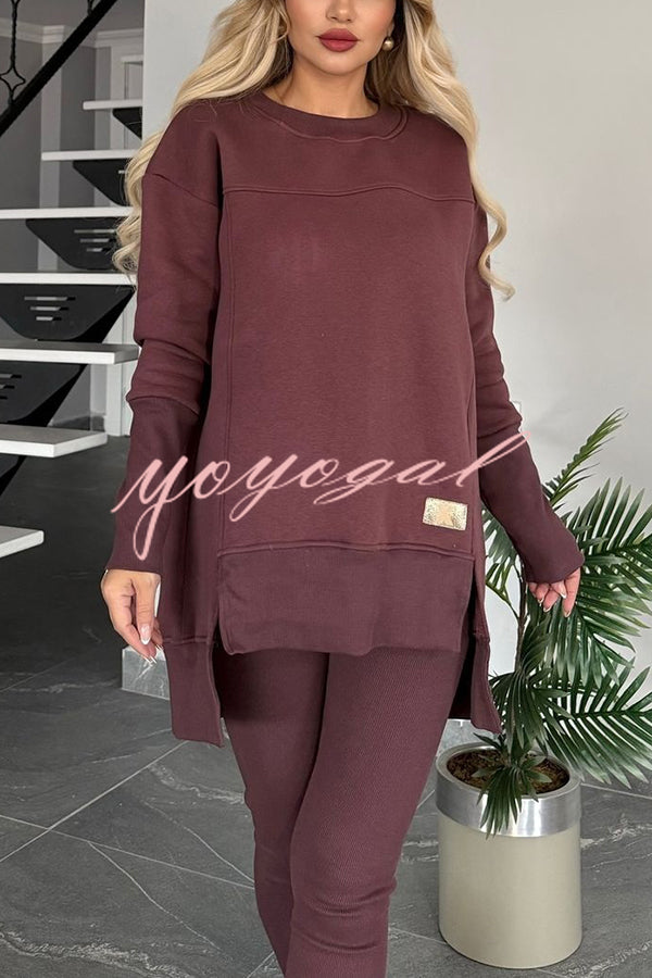 Solid Color Crew Neck Long Sleeve Top and Casual Stretch Pants Set