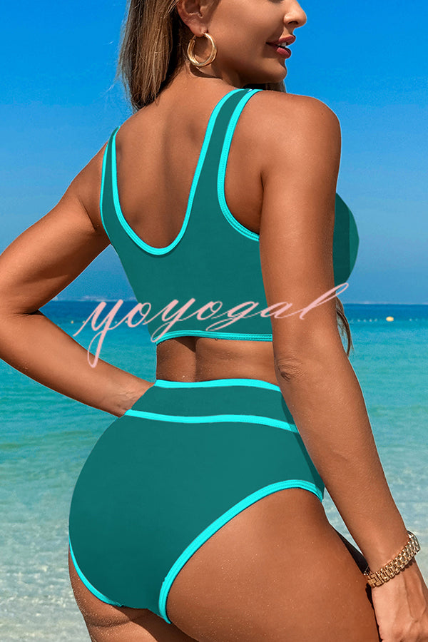 Solid Color Contrast High Waist Stretch Bikini Swimsuit