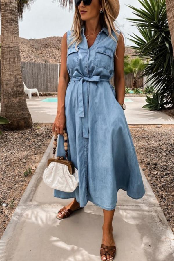 Ralphy Pocketed Distressed Denim Tie Dress