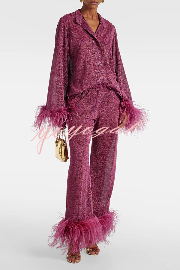 Glitter Fabric Feather Trim Long Sleeve Button Top and Elastic Waist Loose Straight Pants Set