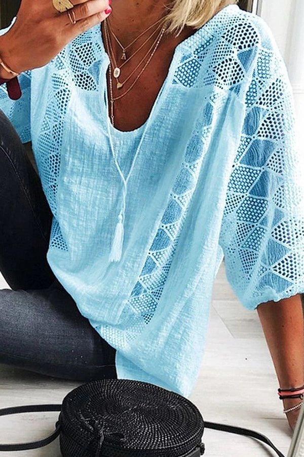 Cotton Linen Blend Patchwork Hollow Out Tassel Blouse