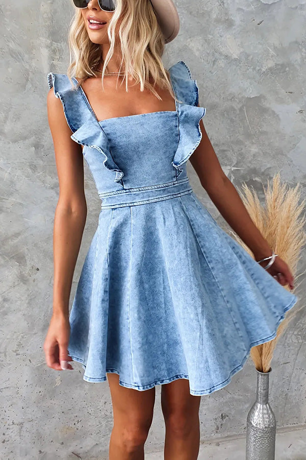 Sweet Secret Denim Square Neck Ruffle Sleeve Stretch Mini Dress