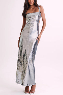 Eye Catching Sequin Cutout Waist Wide Strap Bacakless Maxi Dress