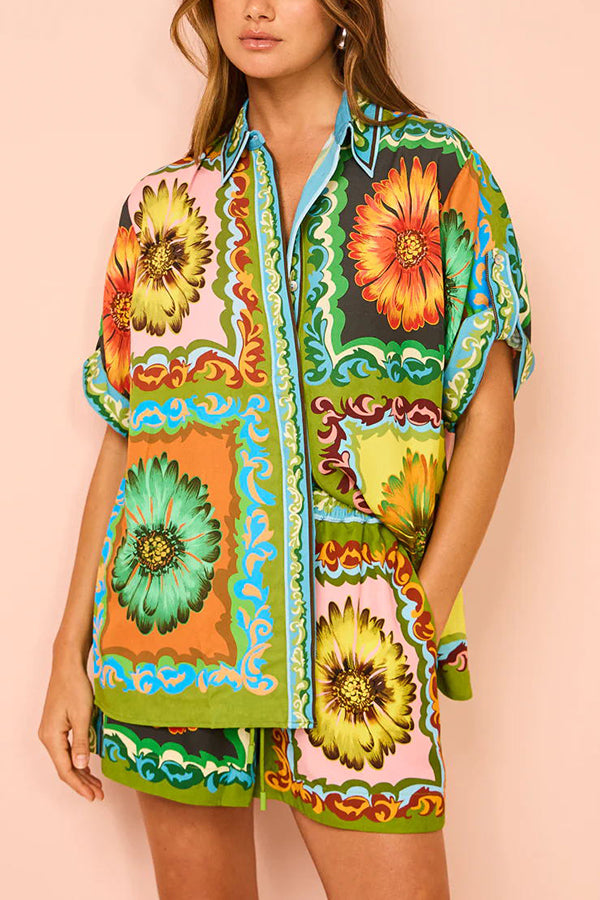 Disco Daisy Unique Print Colorblock Button Down Oversized Blouse