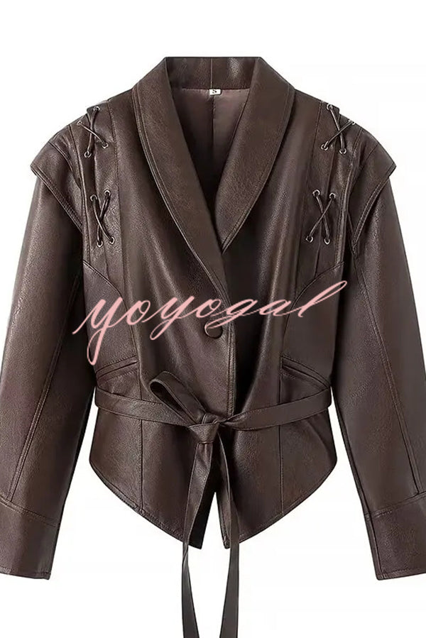 Street Warrior Faux Leather Distressed Style Lace-up Lapel Belt Oversized Jacket