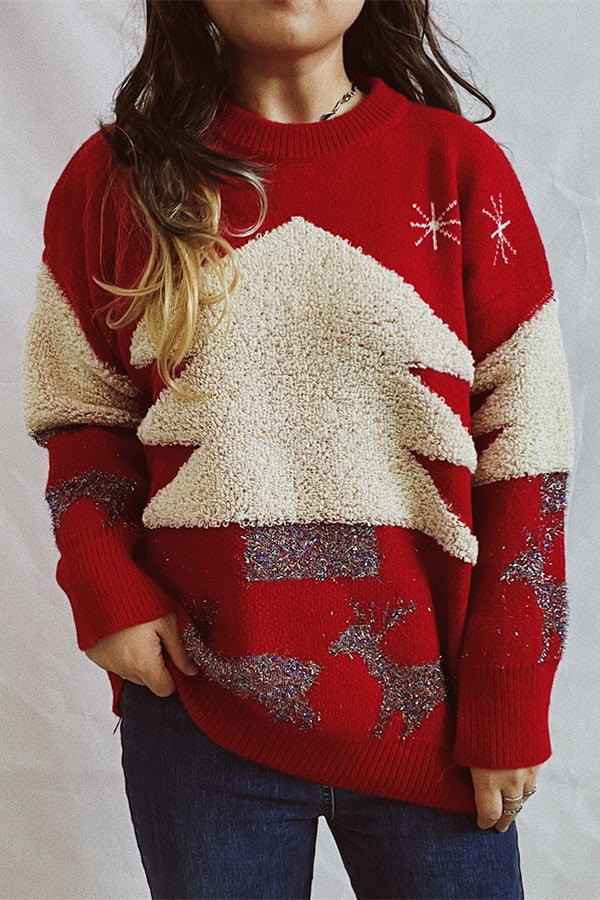 Christmas Pattern Knitted Crew Neck Long Sleeved Sweater