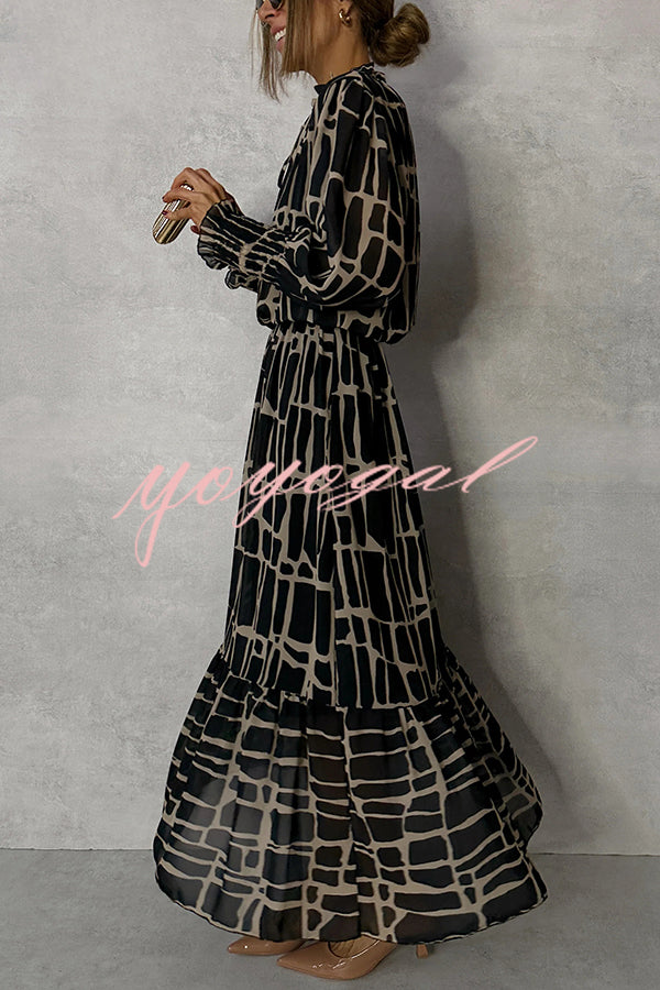 Unique Printed V-neck Tie-up Waist Long-sleeve Maxi Dress