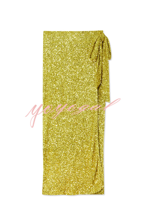 Disco Dancing Queen Sequin Wrap Tie-up Slit Midi Skirt