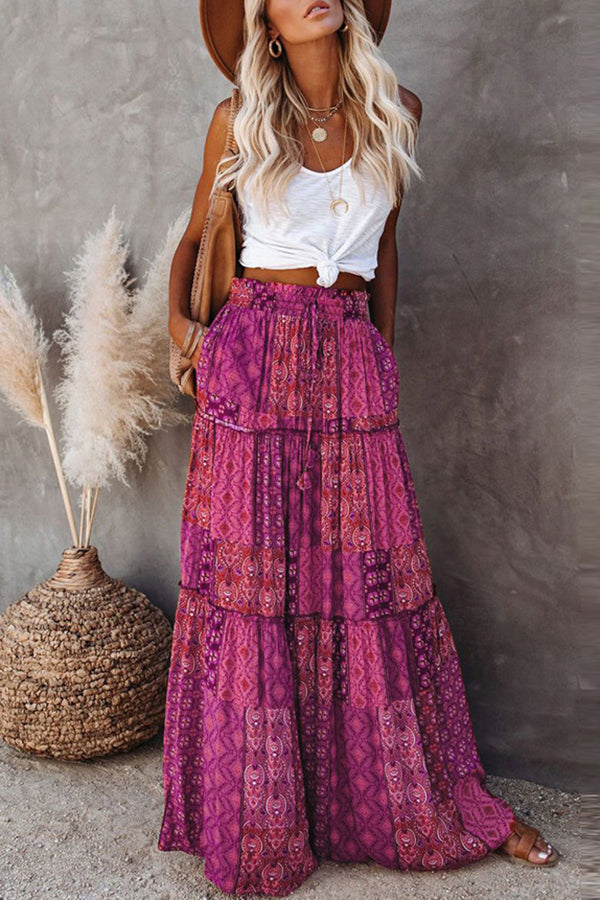 Floral Print Stretch Elastic Waist Pocket High Waist Skirt