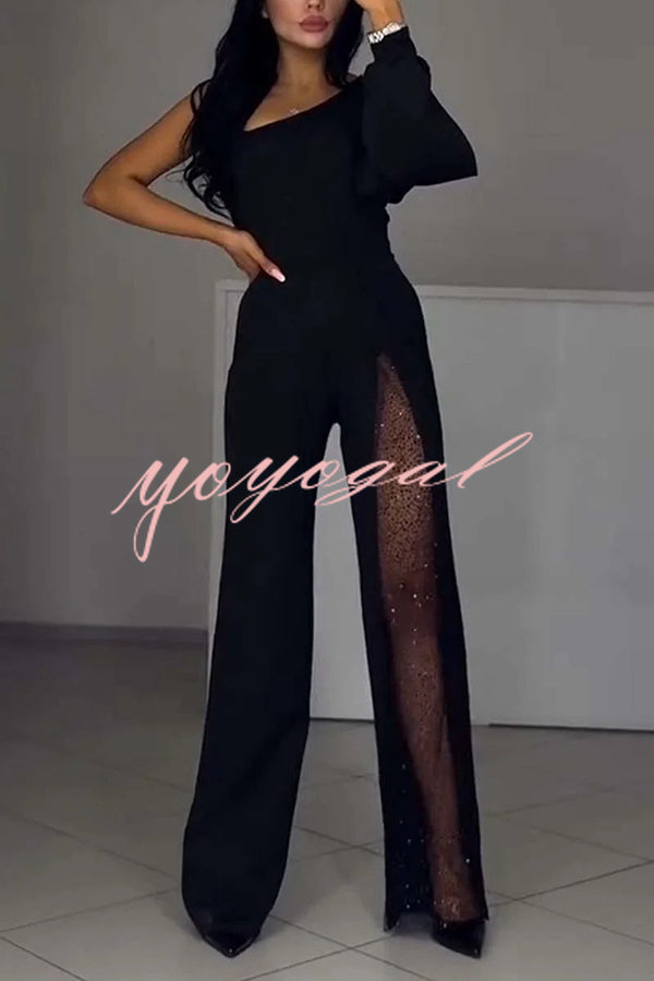 Fashionable Oblique Shoulder One-sleeve Sexy High Slit Slim Jumpsuit