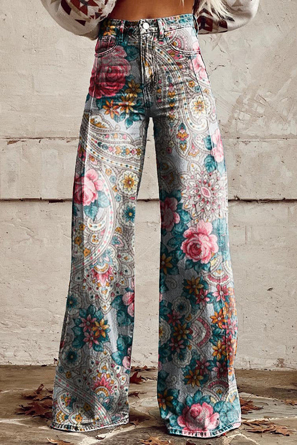 Casual Floral Print Button Pocket Wide Leg Pants