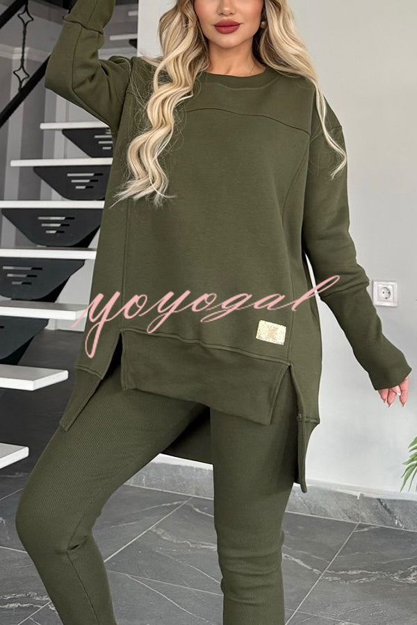 Solid Color Crew Neck Long Sleeve Top and Casual Stretch Pants Set