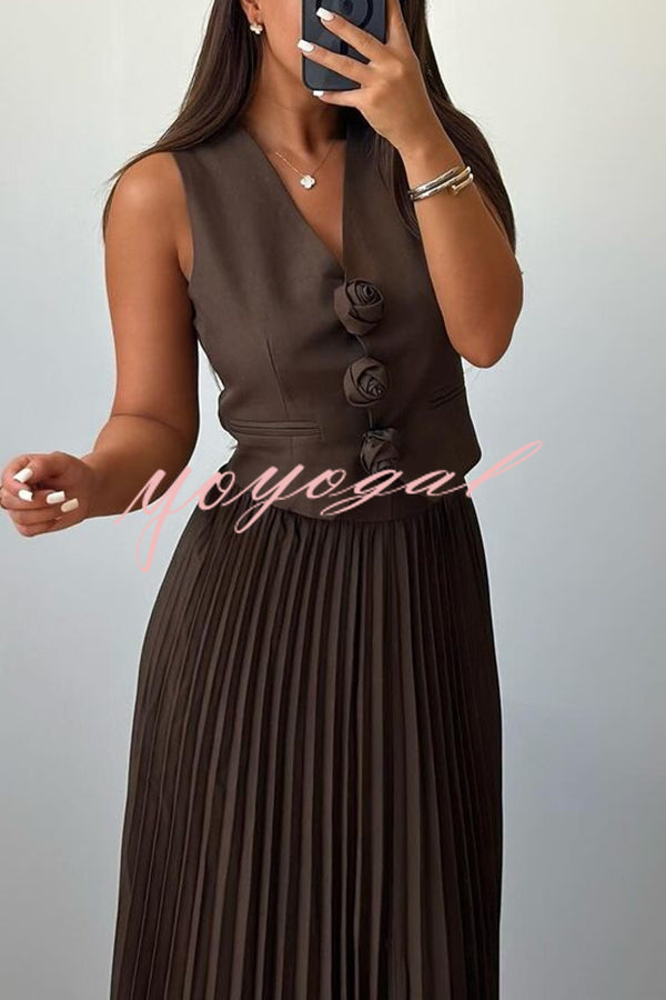 Stylish Rosette Sleeveless Tank Top and Pleated Maxi Skirt Set