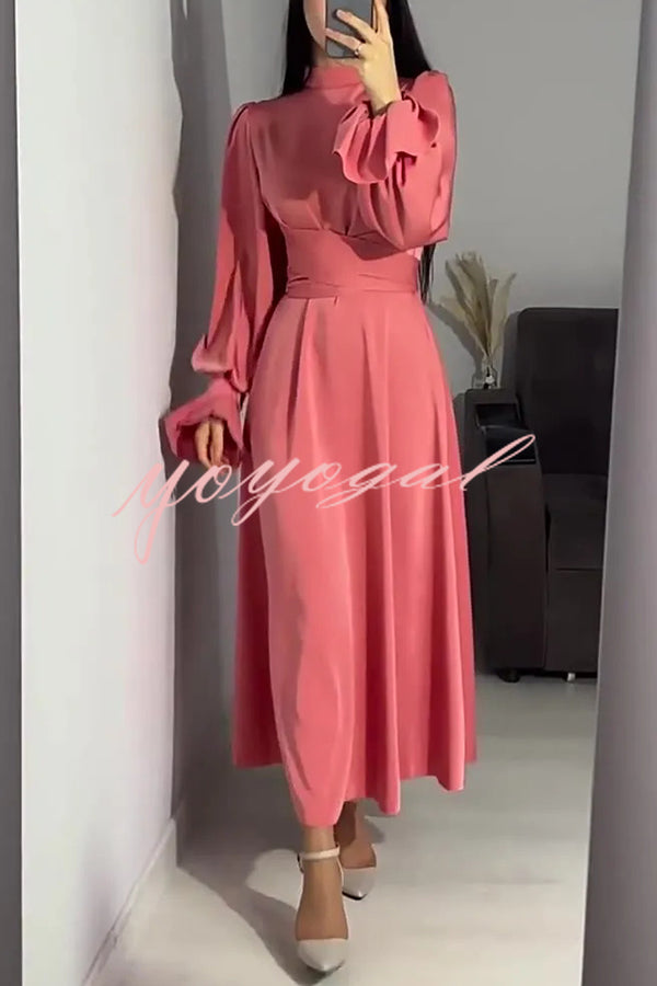 Solid Color Ruffled Sleeves Waisted Tie Slim Fit Maxi Dress