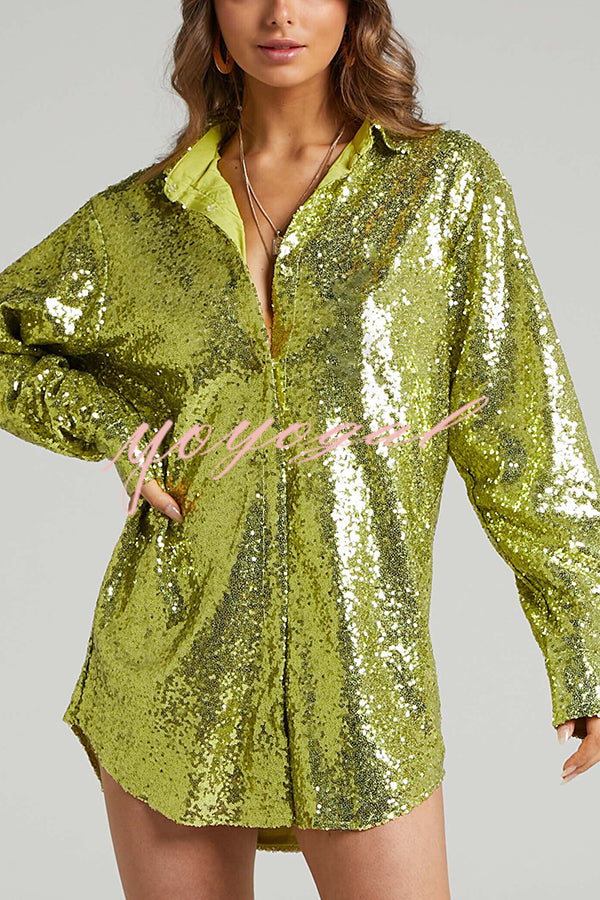 Solid Color Sequined Long-sleeved Casual Mid-length Loose Shirt