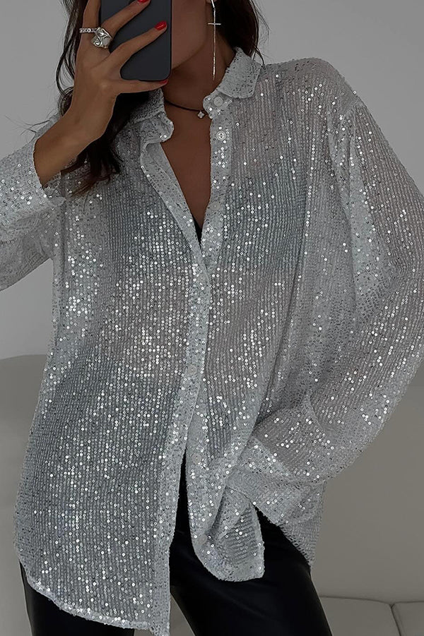 Fashion Sequin Lapel Long Sleeve Loose Shirt