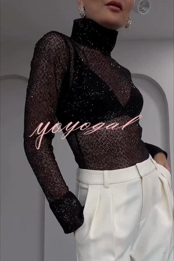 Shimmering Twilight Sequin Turtleneck Long Slit Sleeve H-line Blouse