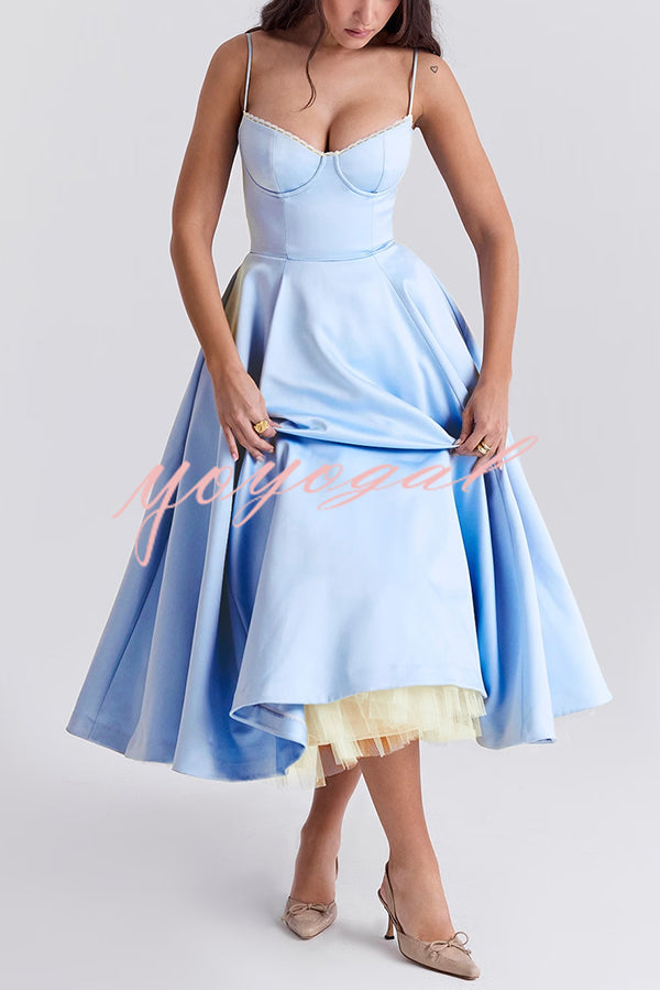 Fairytale Vibe Satin Patchwork Tulle Sweetheart Neck Pocket Stretch Midi Dress