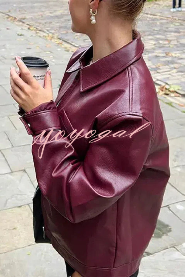 Y2K Burgundy Faux Leather Pocketed Zipper Loose Jacket