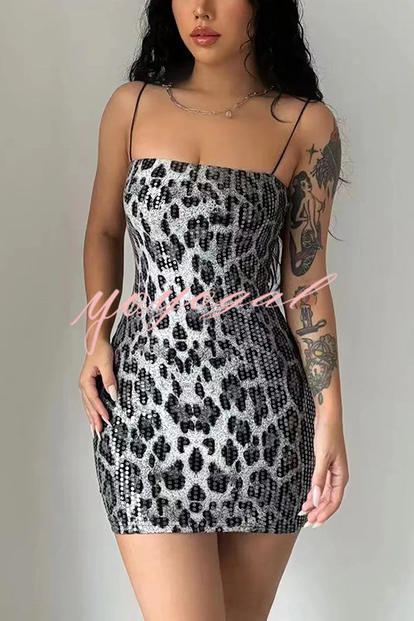 Leopard Print Sequin Sexy Sling Slim Fit Mini Dress